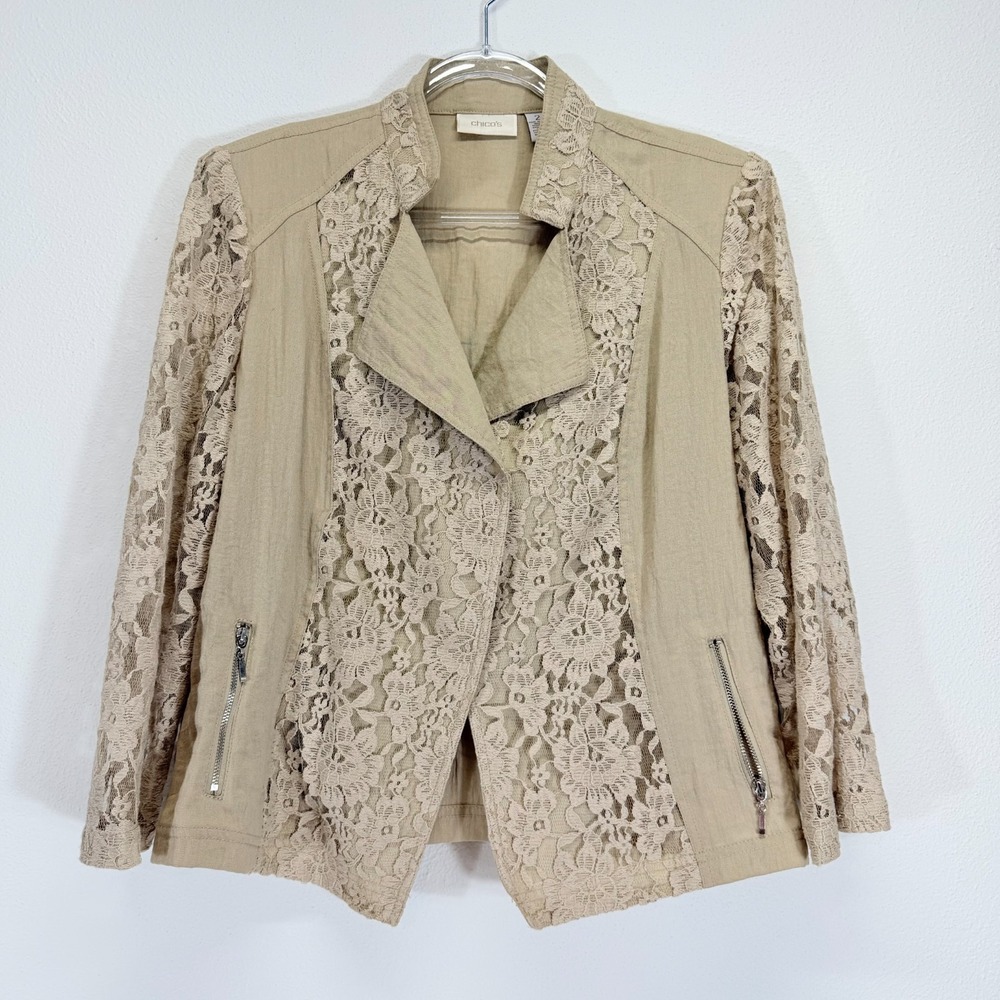 Chico's Linen-Look Beige Lace Moto Jacket Size 2 Large Coquette Boho Romantic